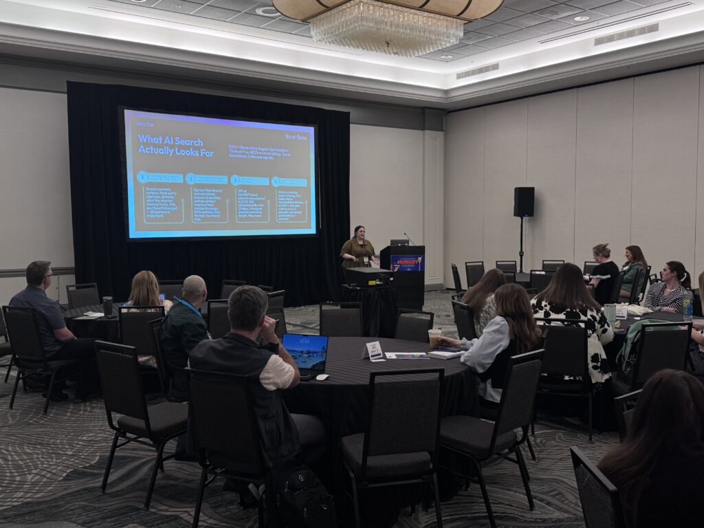 Alli Perkins, Director of Search and Organic Experience, delivers a presentation at NAMA.